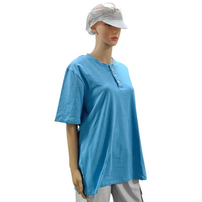 Schoonkamer 99% katoen + 1% koolstofvezel Blauw Unisex ESD Antistaatisch O-neck T-shirt met 3 knoppen