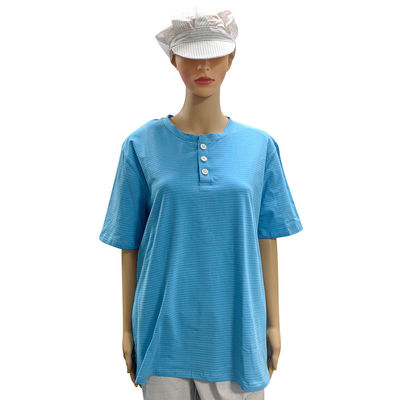 Schoonkamer 99% katoen + 1% koolstofvezel Blauw Unisex ESD Antistaatisch O-neck T-shirt met 3 knoppen