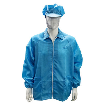 Blue Anti Static Lab Coat Grid 98% Polyester 2% Carbon Fiber Fabric Jacket